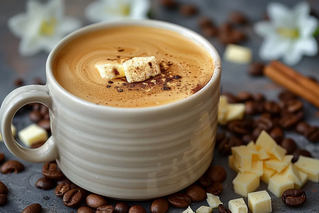 A frothy cup of bulletproof coffee in a ceramic mug, with a creamy texture, placed on a wooden table alongside butter and MCT oil.