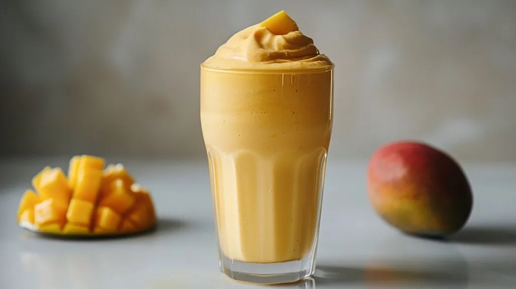 A tall glass of creamy mango lassi, made with ripe mangoes, yogurt, and a hint of cardamom, garnished with saffron strands and crushed pistachios.