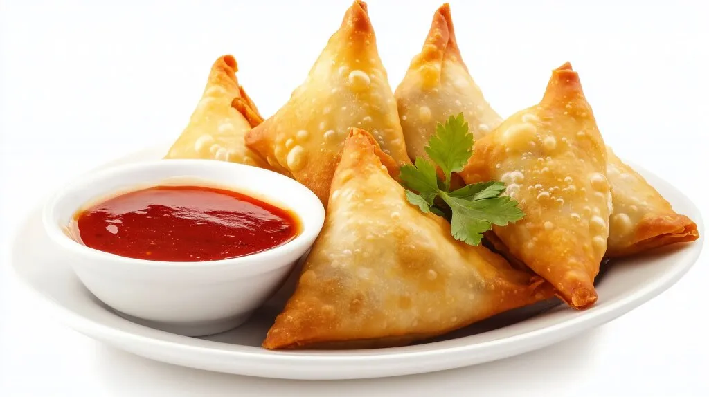 A plate of golden, crispy samosas filled with spiced potato and peas, served with tangy tamarind chutney and fresh mint chutney.