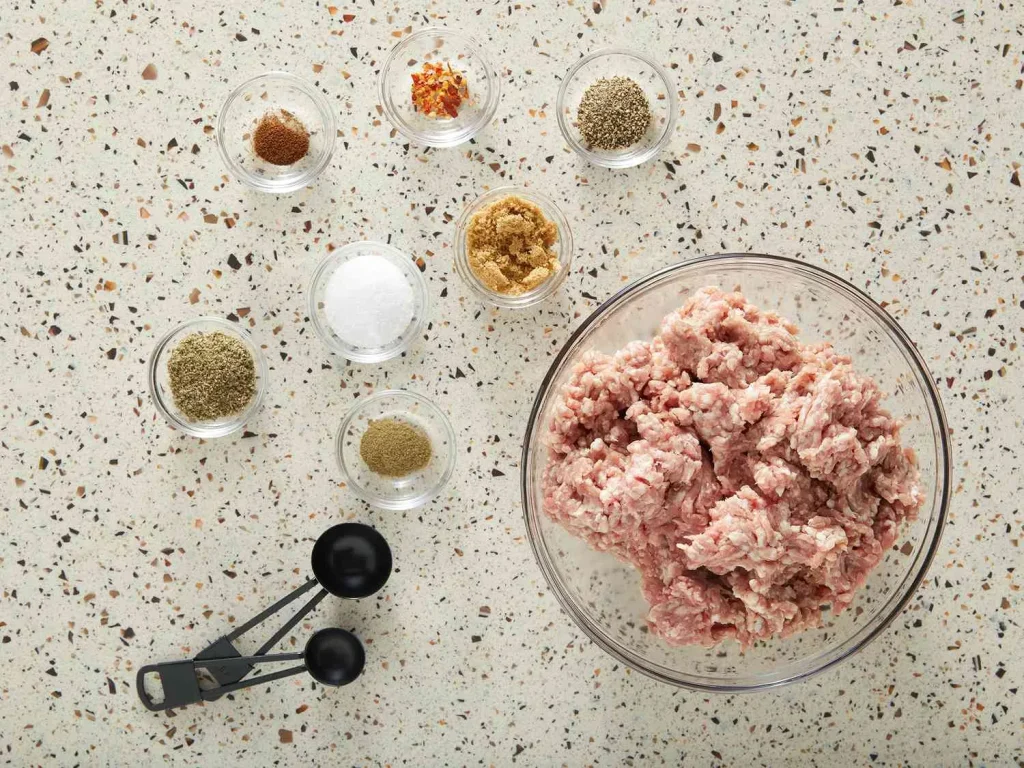 Raw ground pork with a bowl of seasonings, including sage, thyme, salt, and black pepper, on a wooden cutting board.