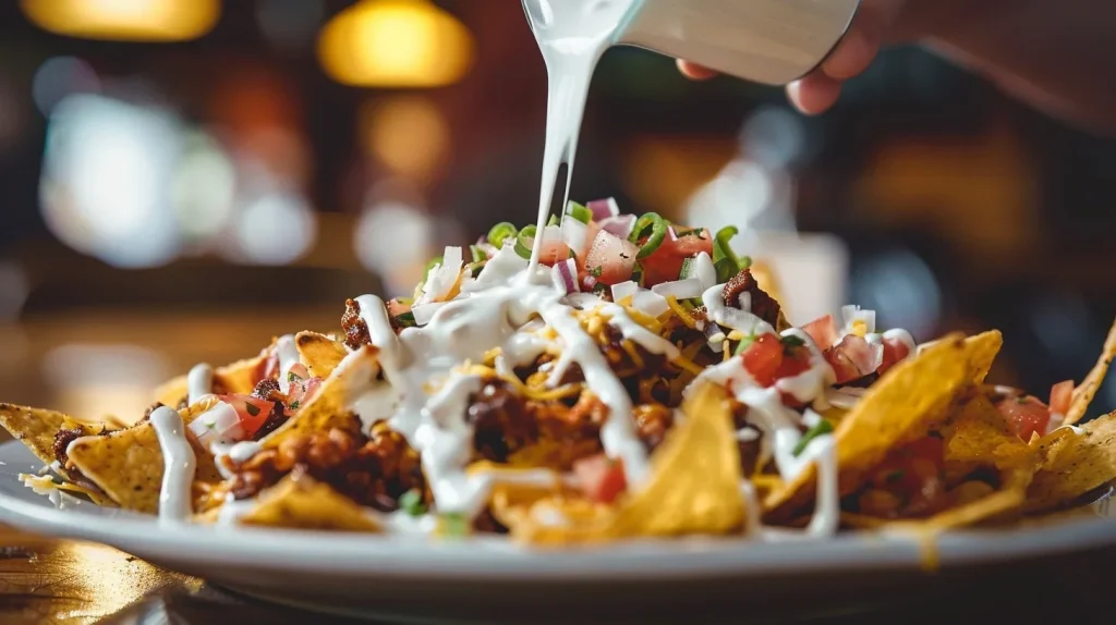 A large plate of Taco Bueno Nacho Salad topped with spicy beef, melted cheese, tomatoes, and red onions