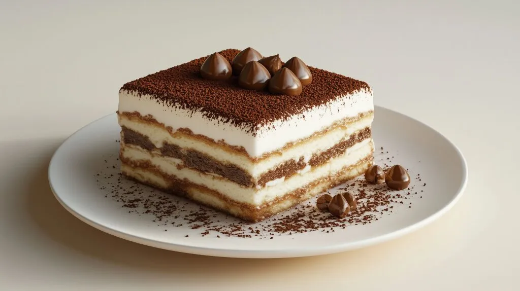 A rich and creamy coffee tiramisu topped with cocoa powder and chocolate shavings, served in a glass dish.