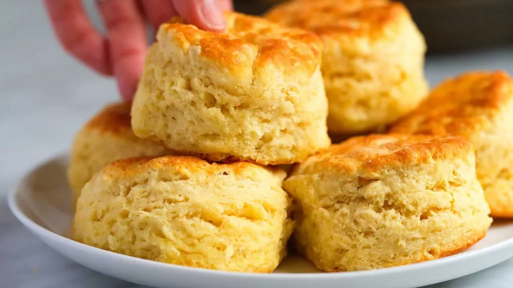 Fluffy homemade biscuits with a golden-brown crust, ready to be served with chicken gravy.