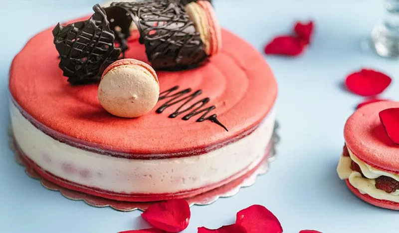 A delicious homemade gelato cake with layered gelato flavors, topped with fresh fruit and decadent decorations.