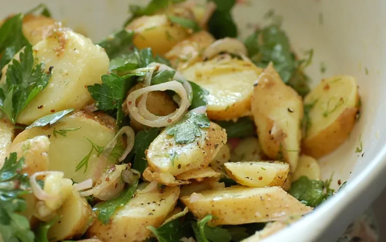 Bowl of warm potato salad with fresh herbs, crispy bacon, and tangy vinaigrette—served fresh and comforting on a rustic table.