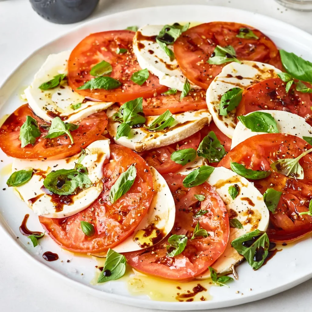Close-up of juicy tomatoes, creamy mozzarella, and vibrant green basil leaves with glistening balsamic glaze on top