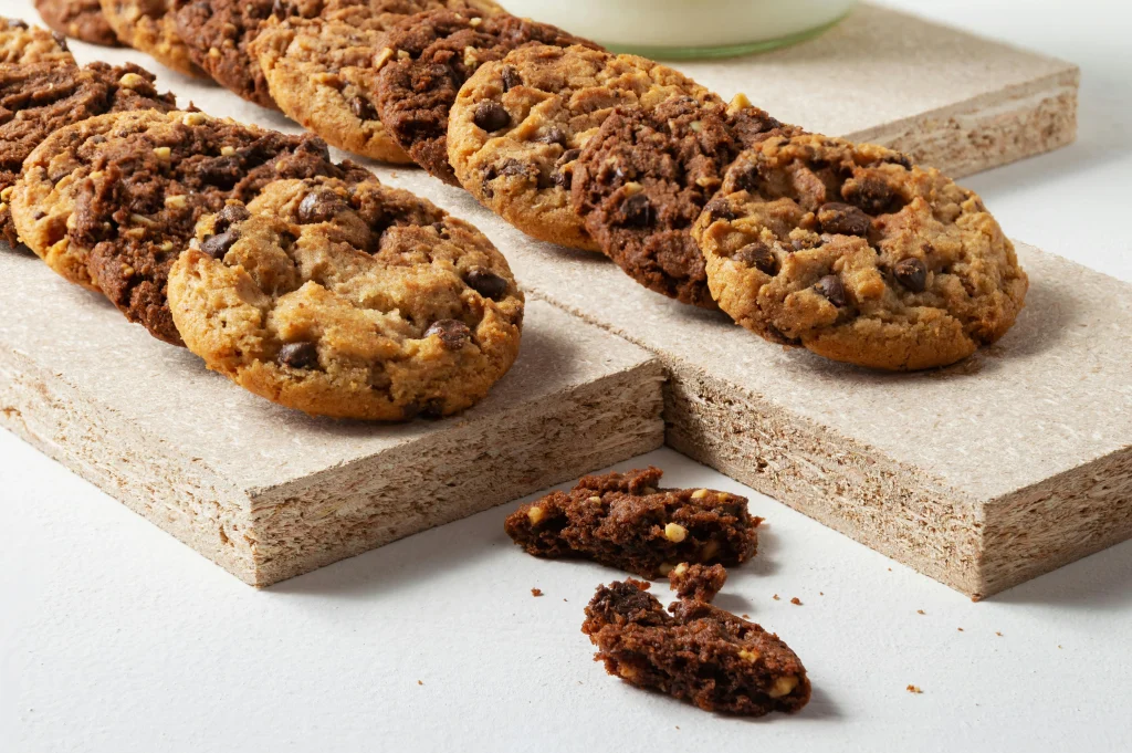 Thick Levain cookie with melty chocolate chips and walnuts on a rustic tray