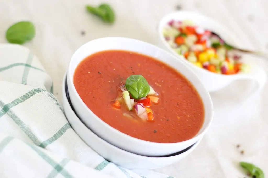 Chilled raw vegetable soup, garnished with fresh herbs and served in a bowl, perfect for a refreshing, healthy meal