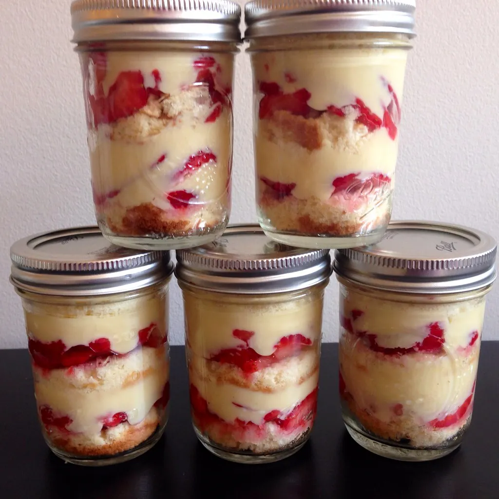 Layered dessert jar with moist cake, fresh strawberries, and whipped cream