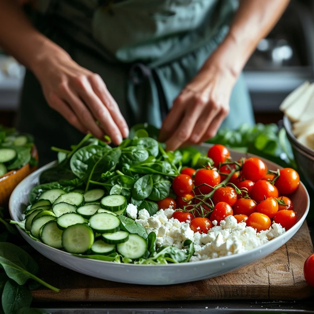Fresh ingredients for a spinach salad: baby spinach, nuts, cheese, strawberries, cucumbers, and herbs