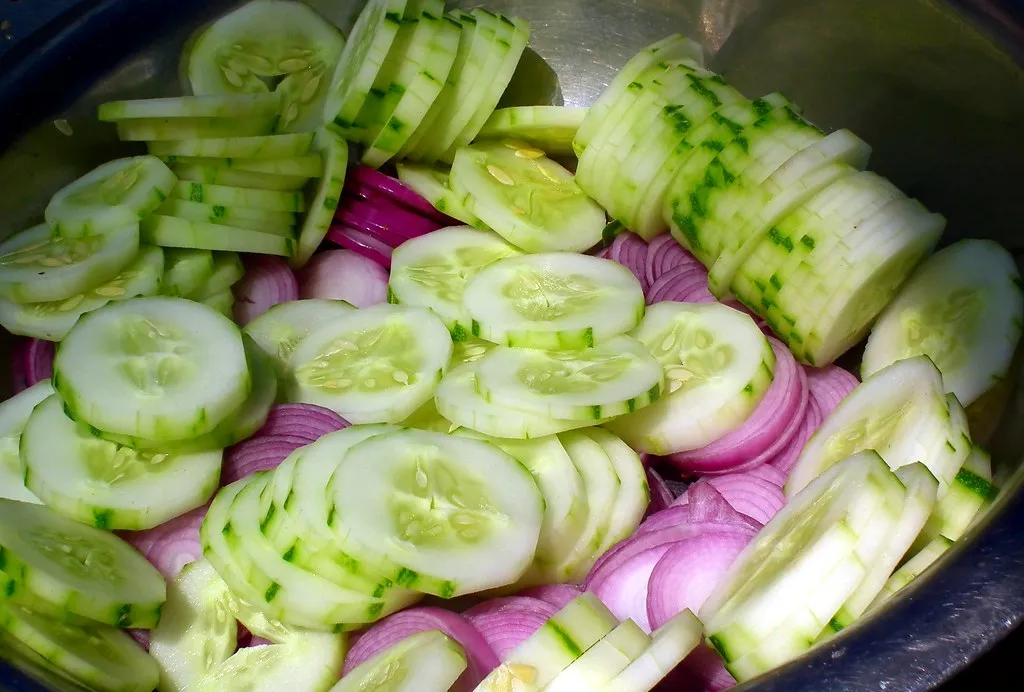 Fresh cucumber onion salad in a white bowl with dill garnish
