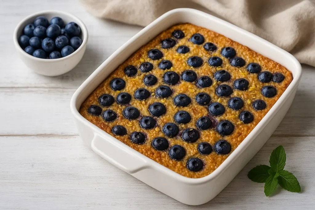 Freshly baked blueberry cottage cheese breakfast bake in a white dish, topped with juicy blueberries.