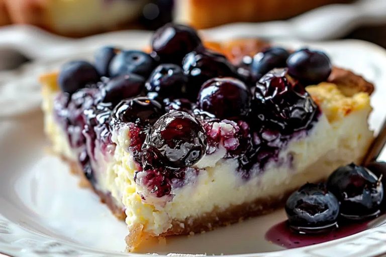 Golden blueberry cottage cheese breakfast bake topped with fresh blueberries in a white baking dish.