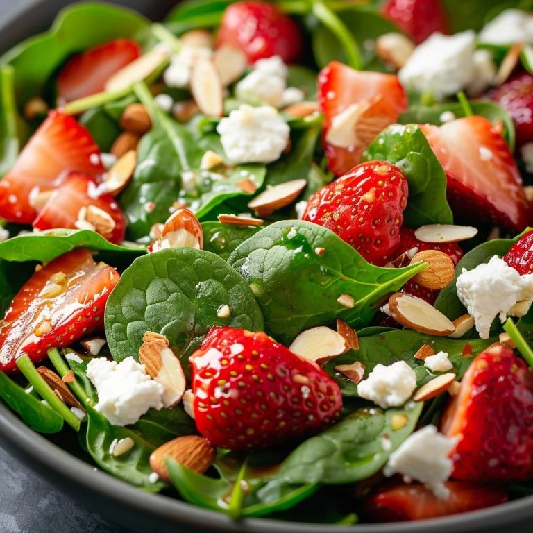 Fresh spinach salad with baby spinach, nuts, cheese, strawberries, cucumbers, and herbs in a white bowl