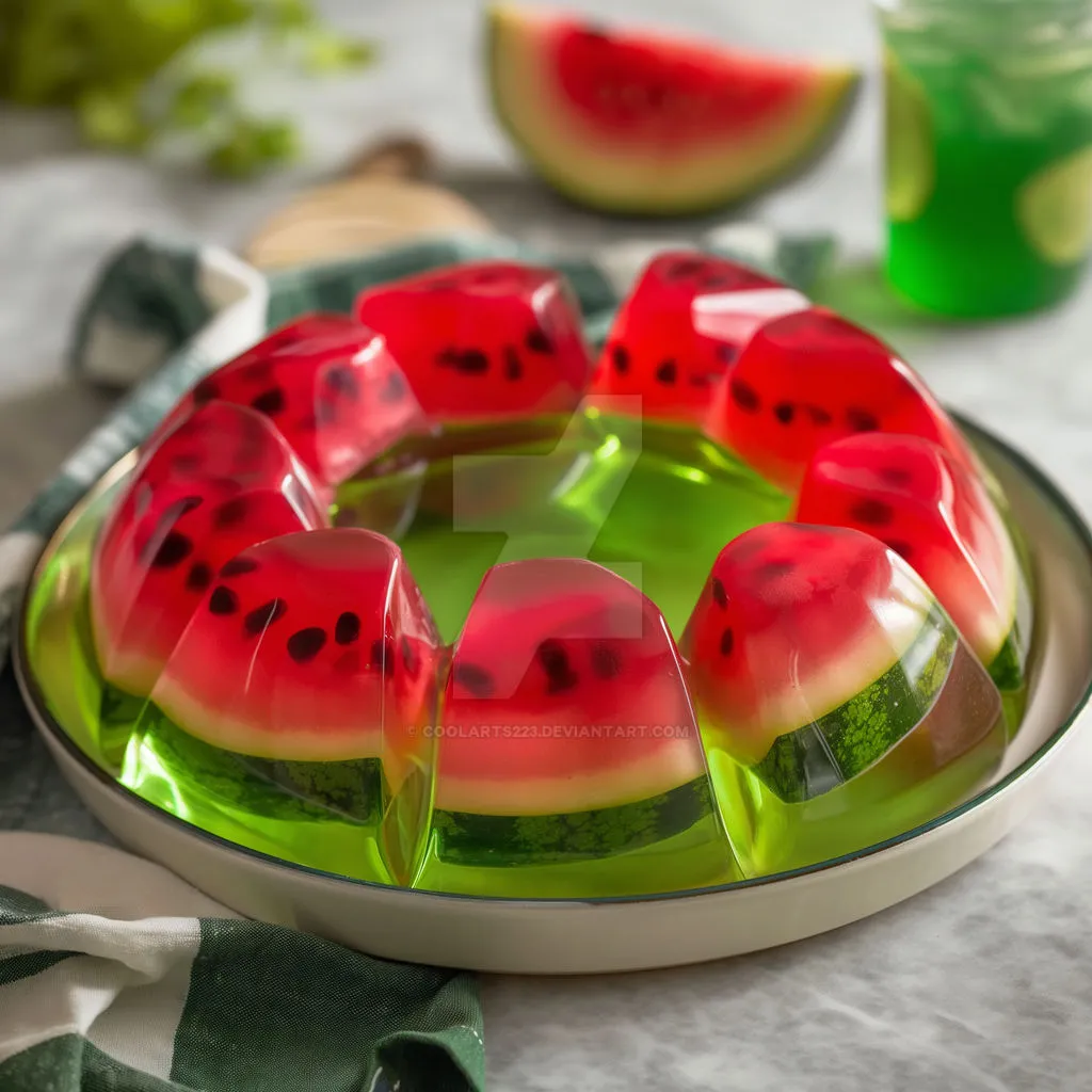 Close-up of a vibrant layered jelly cake with fresh fruit pieces suspended inside each translucent layer