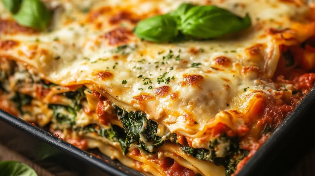Layered vegetarian lasagna with melted cheese, tomato sauce, and sautéed vegetables in a white baking dish