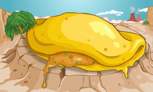 Illustration of the Giant Omelette in Tyrannia from Neopets, guarded by Sabre-X with a prehistoric background