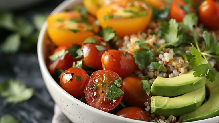 Colorful and balanced dinner plate with quinoa, roasted vegetables, leafy greens, and grilled salmon – Sunshine Health Foods style