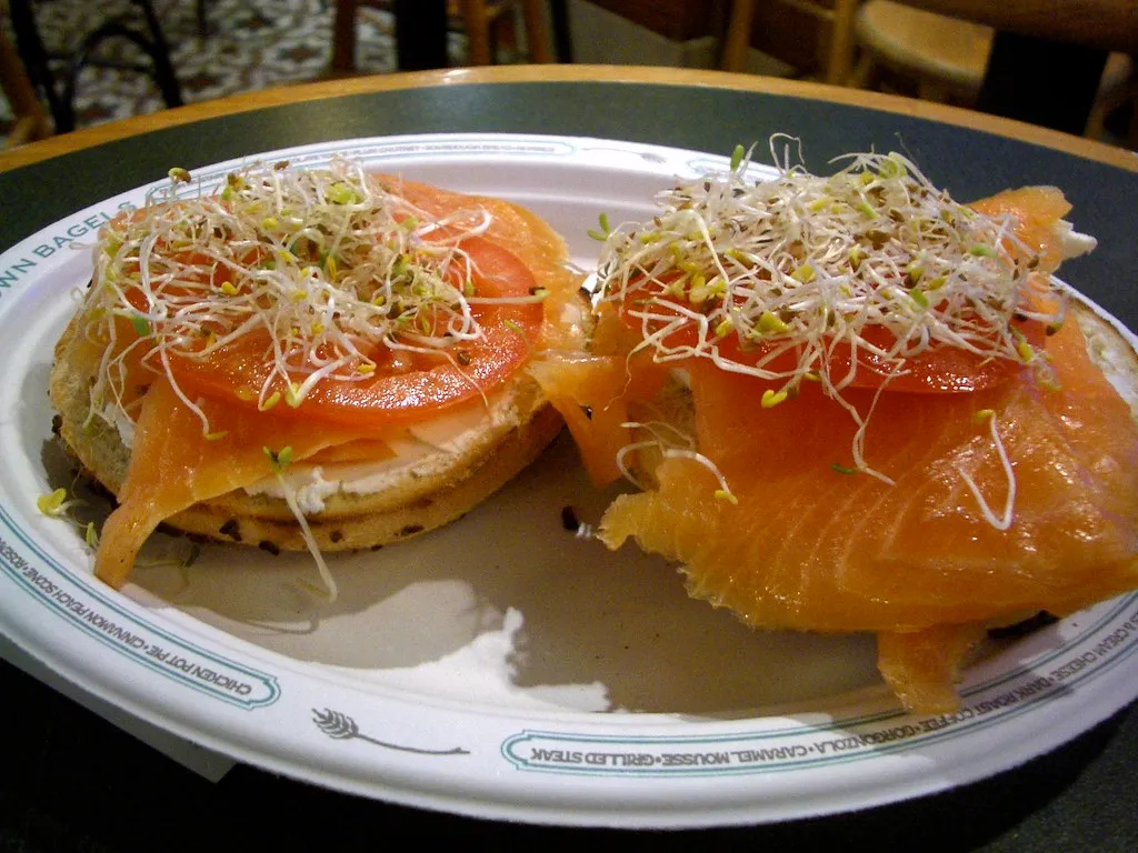 Toasted everything bagel topped with cream cheese, smoked salmon, red onion, capers, and fresh dill.