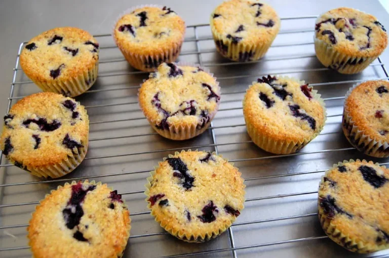 Freshly baked blueberry corn muffins in a muffin tin, golden and fluffy with visible blueberries