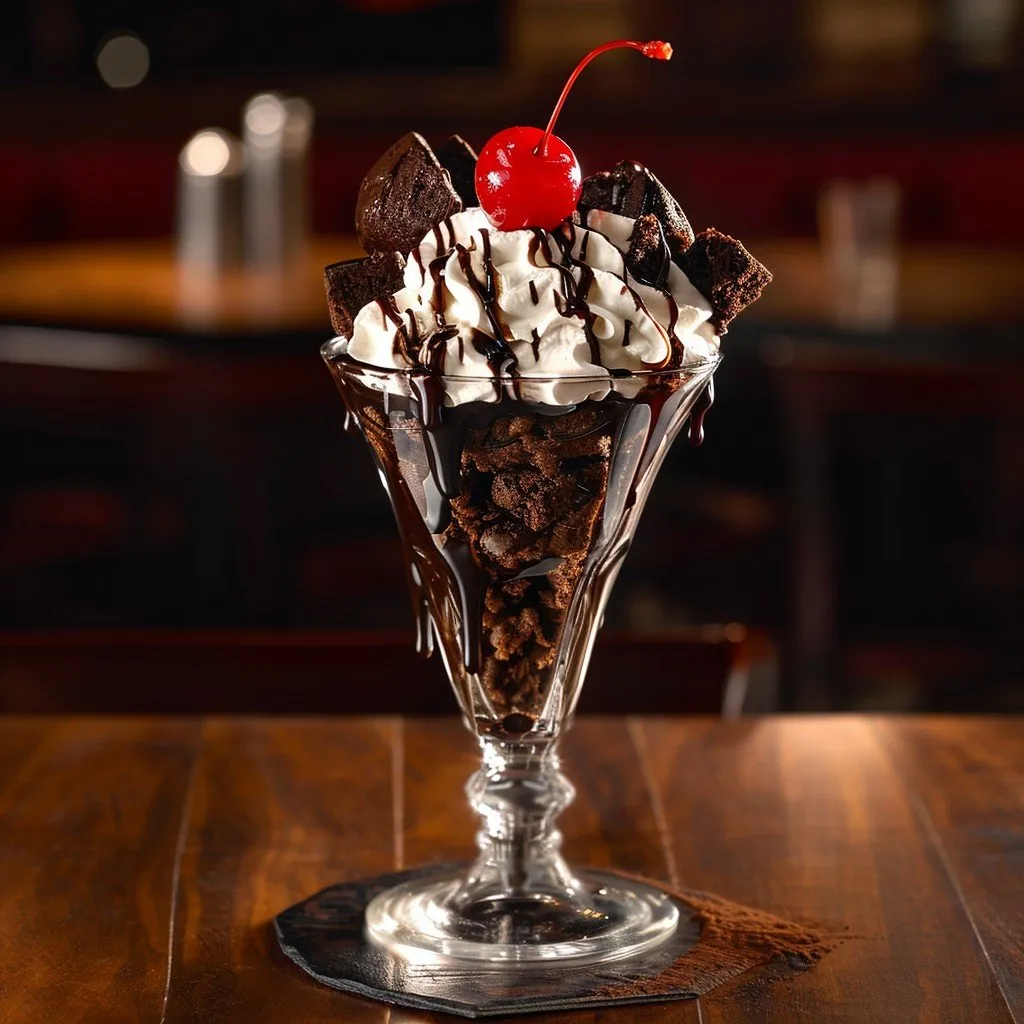 Classic ice cream sundae with vanilla scoops, hot fudge, whipped cream, nuts, and a cherry on top