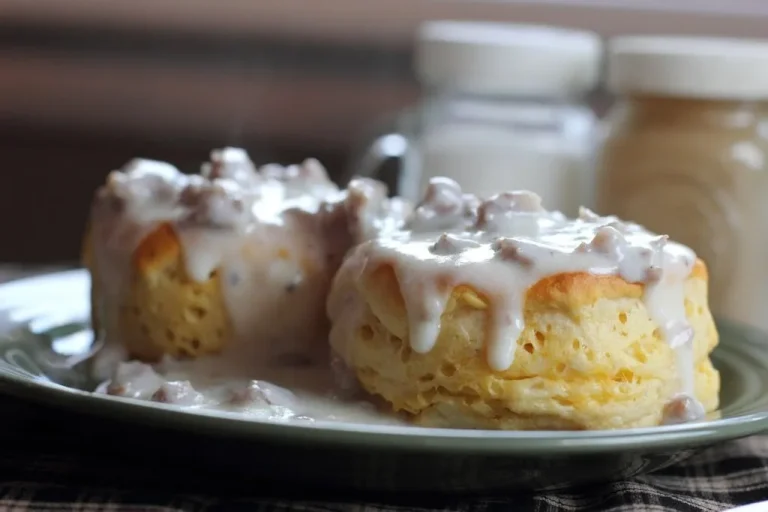 Fluffy vegan biscuits topped with creamy mushroom gravy and herbs.