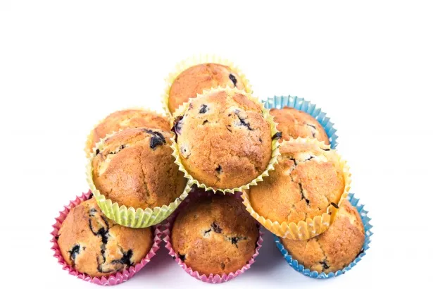 Freshly baked blueberry corn muffins in a muffin tin, golden and fluffy with blueberries visible