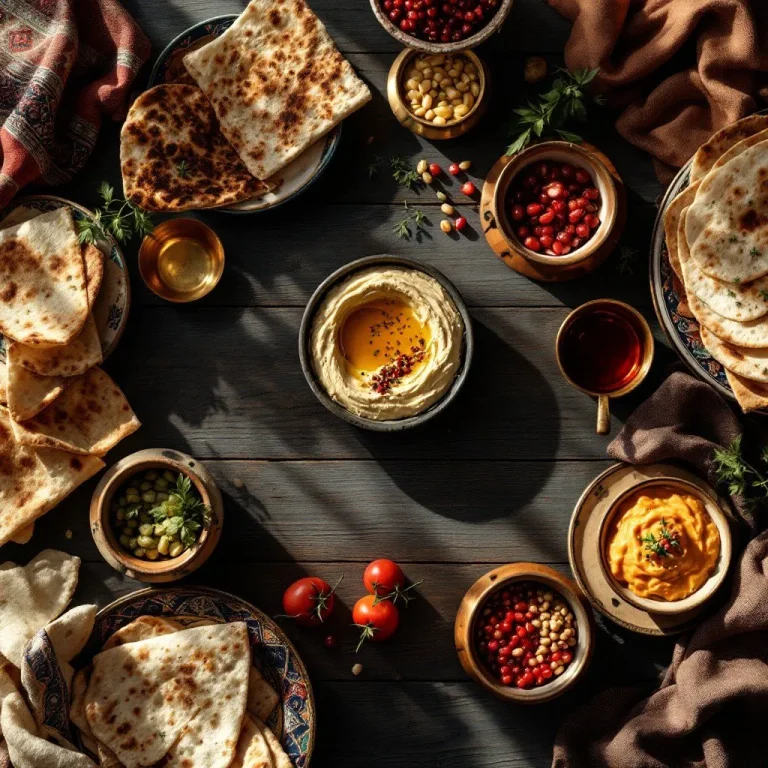 Traditional Arabic breakfast with fresh flatbread, hummus, labneh, baba ganoush, and olives on a mezze platter