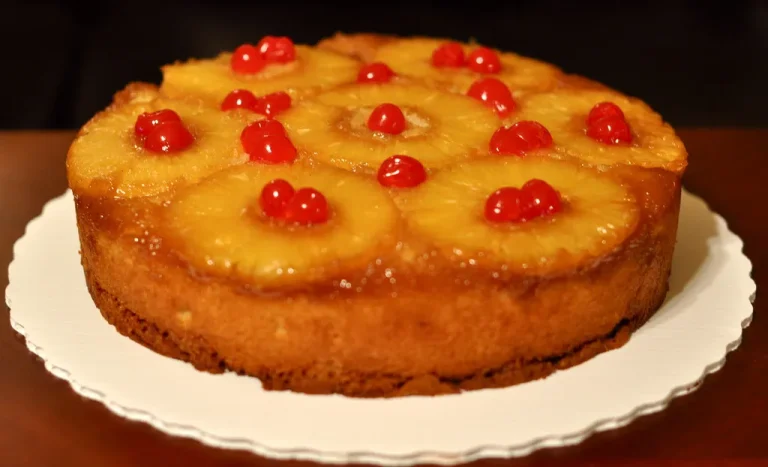 Homemade moist pineapple juice cake topped with pineapple slices and shredded coconut, served on a plate for a tropical dessert.