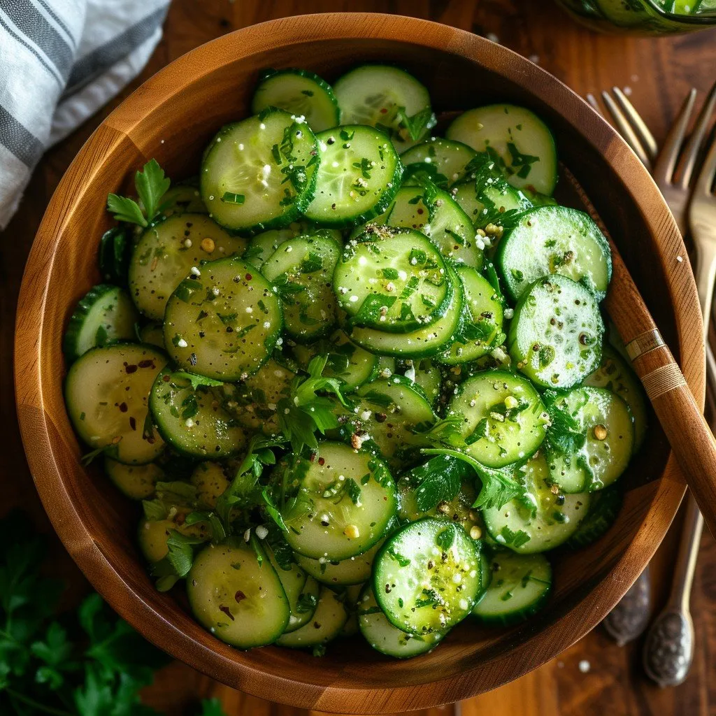 Fresh Thai cucumber salad with sliced cucumbers, red chili, cilantro, and roasted peanuts in a white bowl