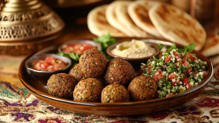 Crispy falafel served with pita bread, tahini sauce, and fresh vegetables for an Arabic breakfast