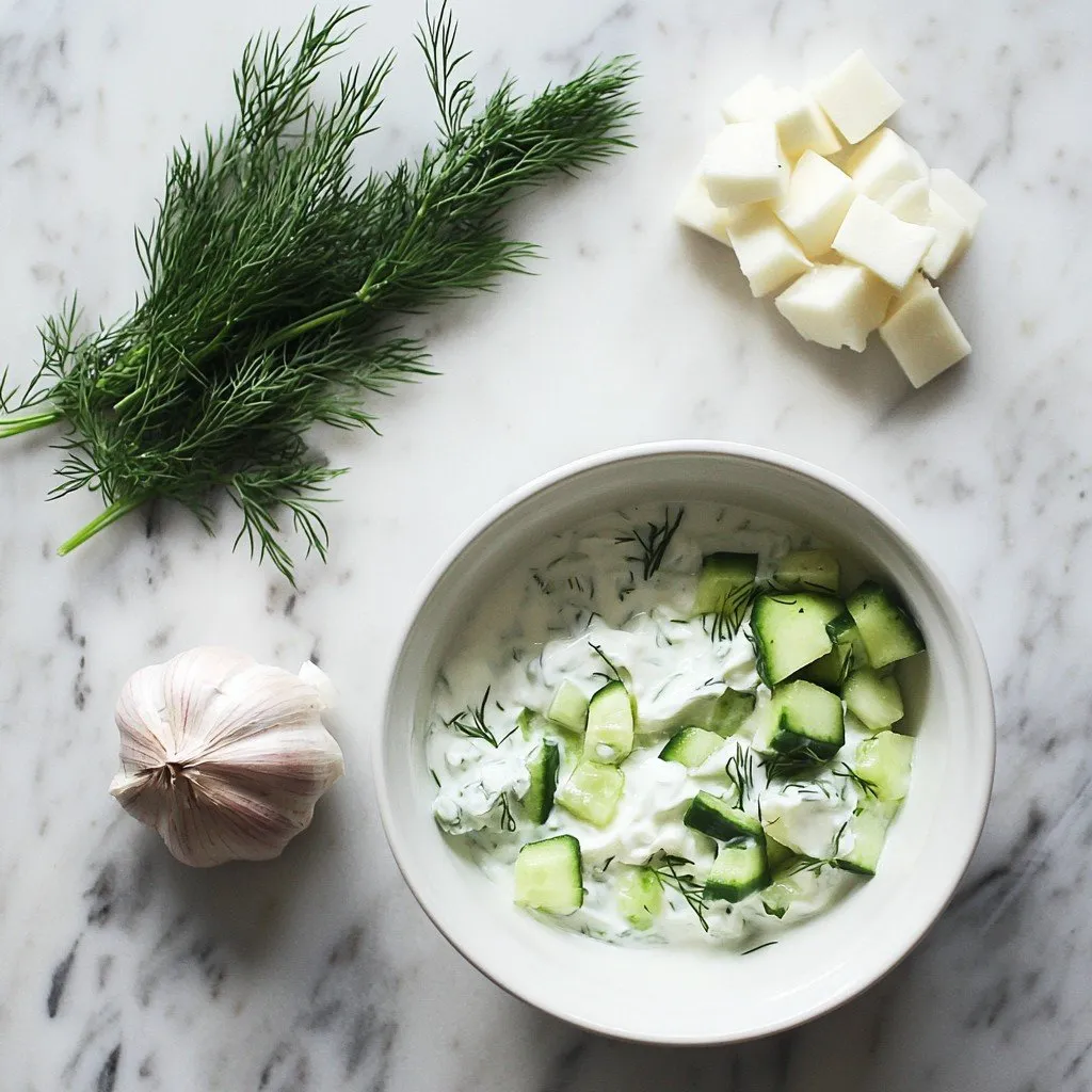Fresh cucumber dill salad in a white bowl with creamy dressing and fresh dill garnish