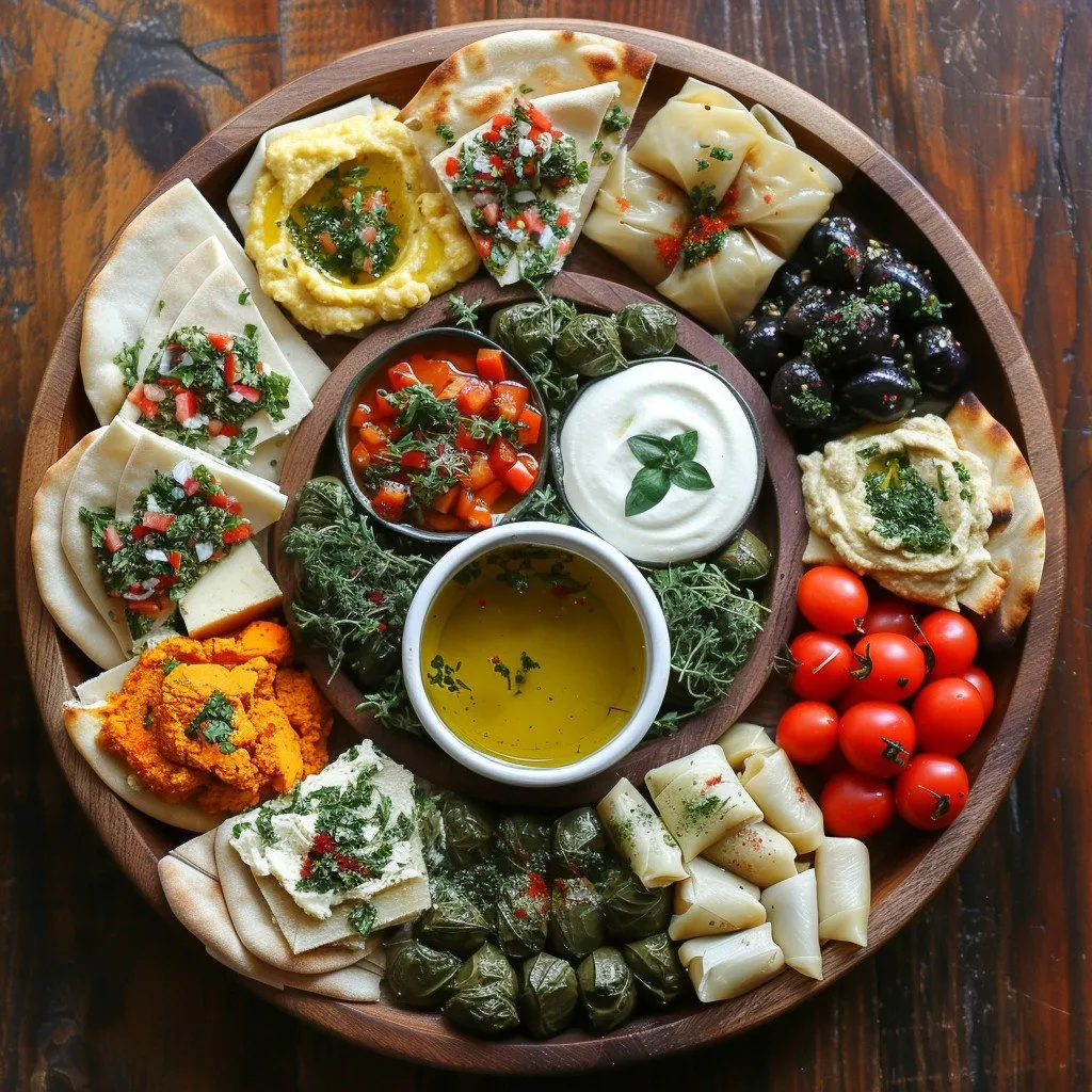 Traditional Arabic breakfast mezze platter with hummus, labneh, falafel, olives, pita bread, and fresh vegetables on a table