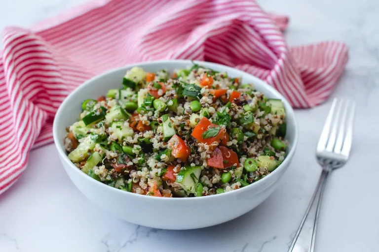 Colorful quinoa salad made with Mediterranean ingredients like cucumber, red onion, parsley, and olive oil, perfect for a quick healthy lunch.
