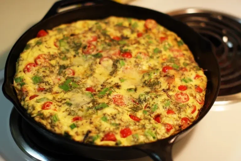 Fluffy homemade frittata with vegetables and cheese served in a skillet.