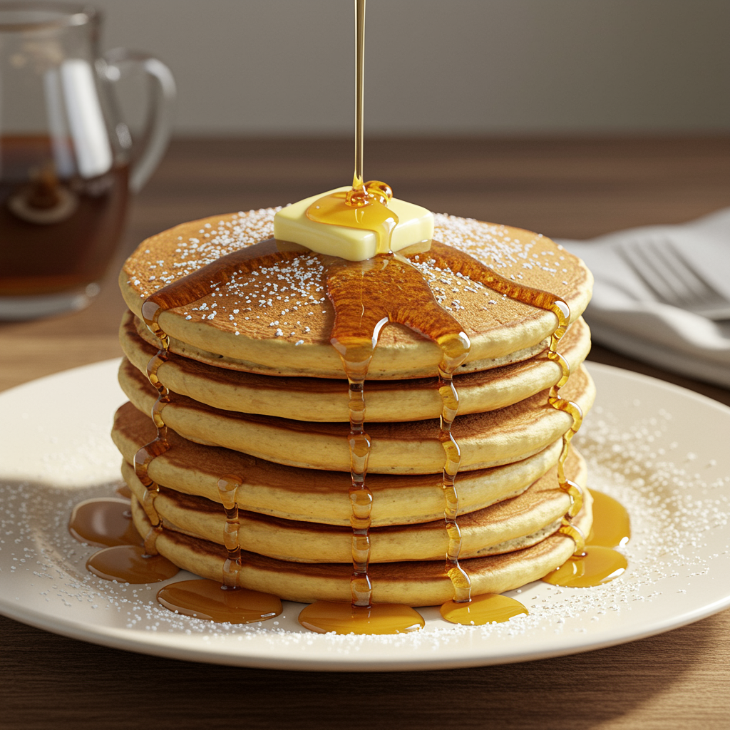 Stack of golden, fluffy buttermilk pancakes topped with fresh berries and drizzled with maple syrup on a white plate