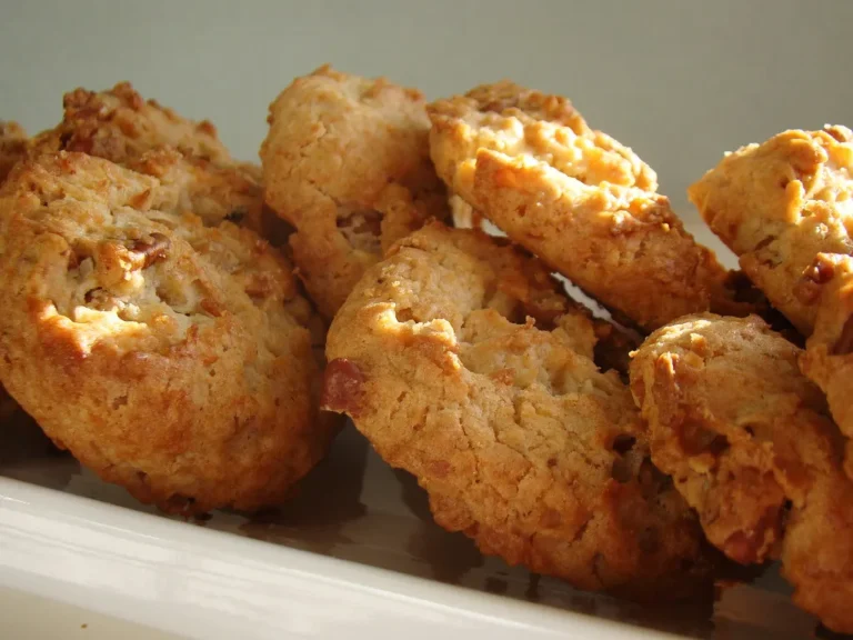 Chewy coconut pecan cookies stacked on a plate with shredded coconut and pecans scattered around