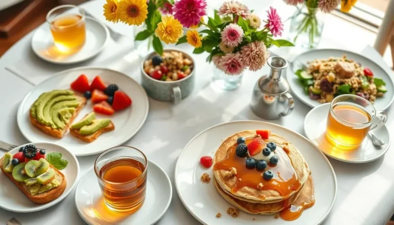 Beautiful homemade brunch spread with pancakes, quiche, fruit salad, and fresh coffee on a rustic wooden table