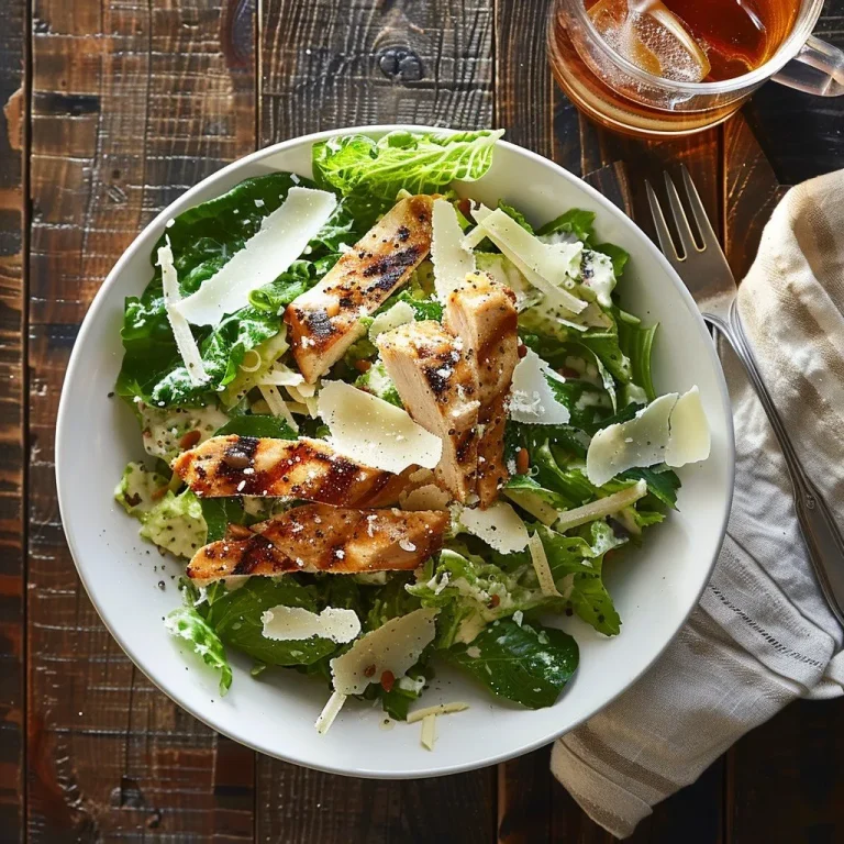 Grilled chicken Caesar pasta salad tossed with Parmesan and Caesar dressing