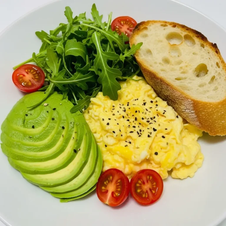 Close-up of a breakfast bowl with eggs, potatoes, and sausage, garnished with herbs