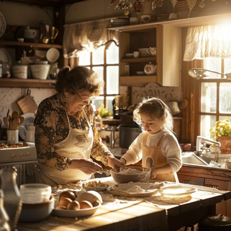 A cozy breakfast table with homemade pancakes, biscuits, scrambled eggs, cinnamon rolls, and fresh fruit, inspired by grandma’s recipes