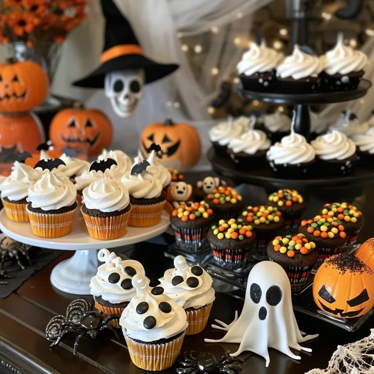 Halloween cupcakes stored in airtight containers with colorful spooky decorations.