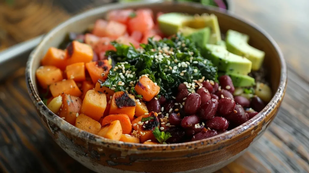 Crisp and colorful Asian-inspired salad with fresh vegetables, herbs, and sesame dressing in a serving bowl