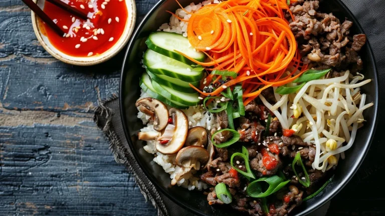 Crisp and colorful Asian-inspired salad with fresh vegetables, herbs, and sesame dressing in a serving bowl