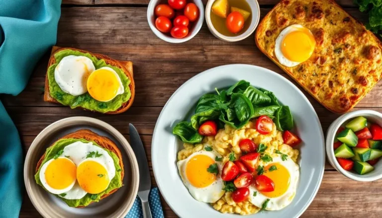 Low-carb keto lunch recipes including salads, wraps, and casseroles on a wooden table