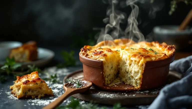 Slice of cheesy breakfast casserole served on a plate with fresh herbs on top