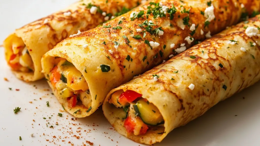 Golden savory crepes filled with cheese and spinach on a white plate