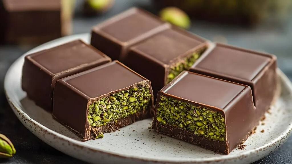 Dubai-inspired chocolate bar topped with pistachios and gold leaf on a marble surface