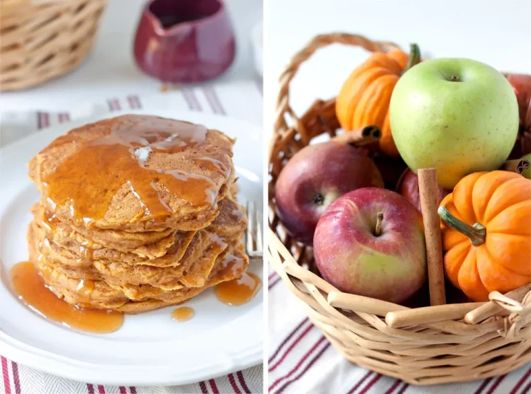 Golden pumpkin pancakes with whipped cream and syrup, surrounded by autumn spices and warm seasonal décor.