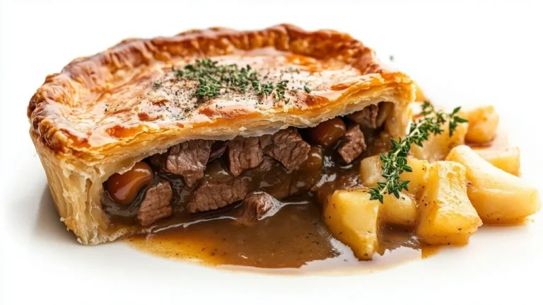 British steak pie filled with beef and mushrooms in rich brown gravy